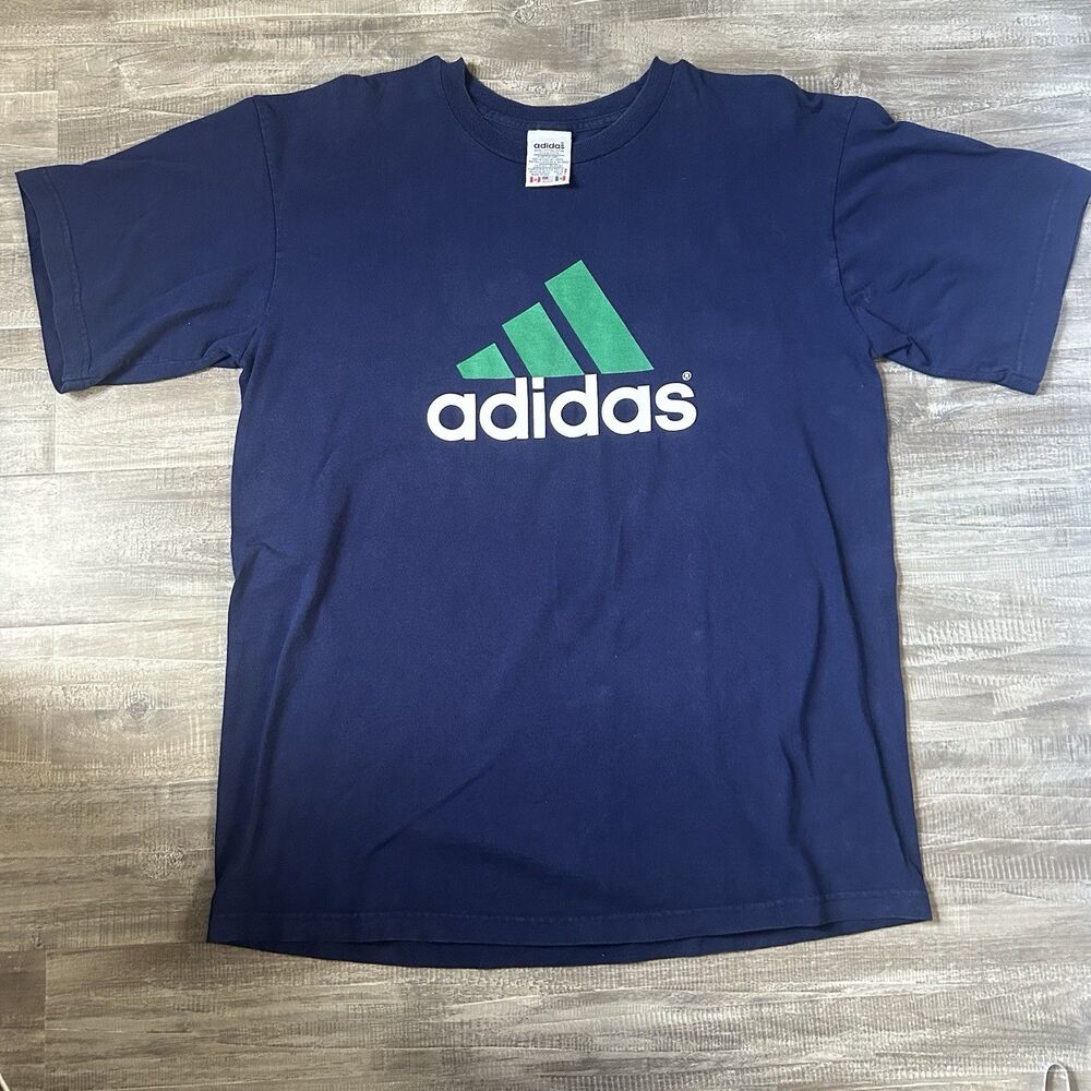 Vintage Adidas Men’s T Shirt Size L Spell Out Logo Baggy USA Made Navy Blue